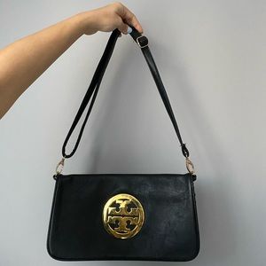 Vintage Tory Burch Black Leather Flap Clutch